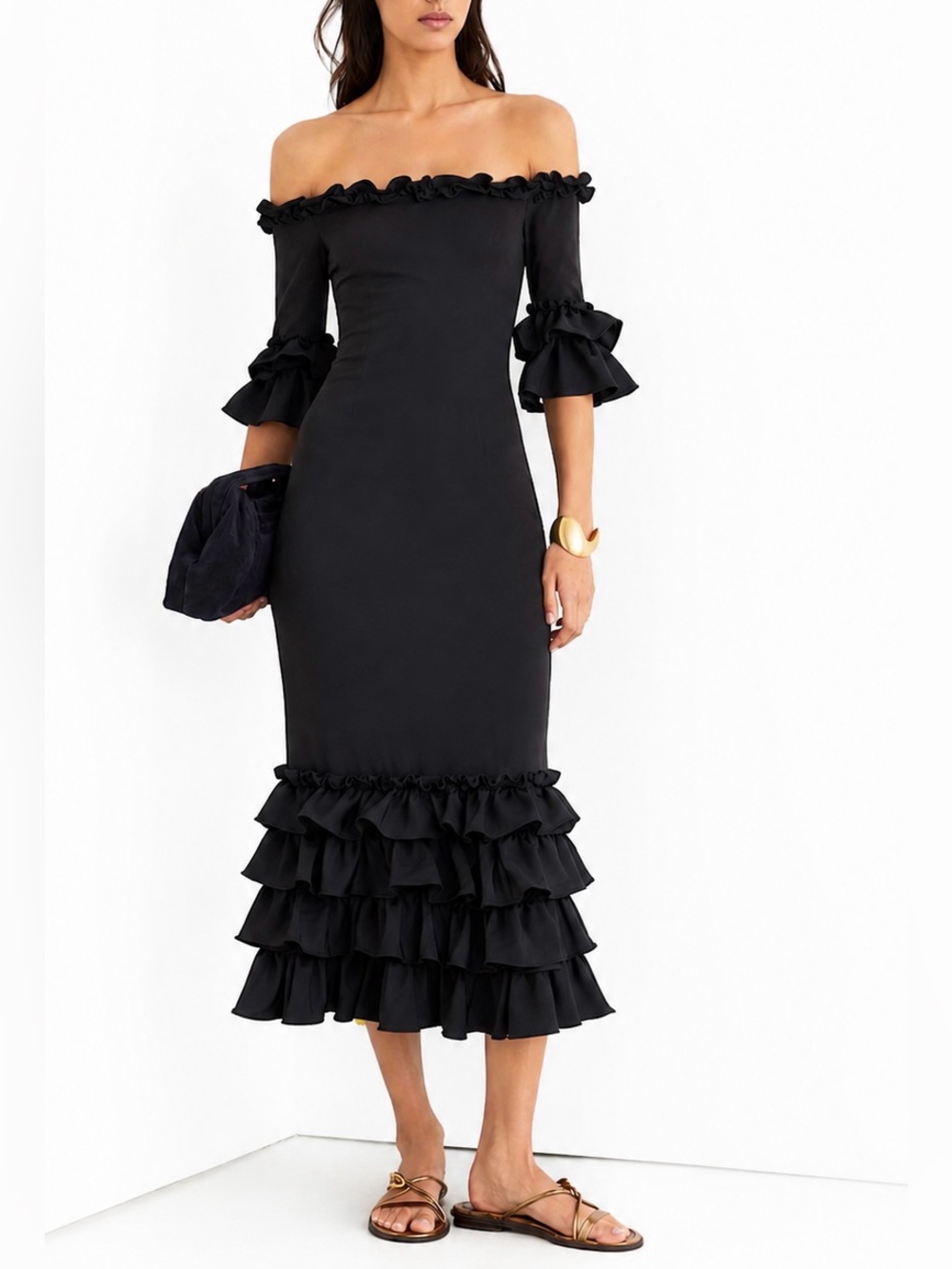 NWOT Revolve Donna Mizani Off Shoulder Stretch Black Midi Dress Ruffle Hem | XS